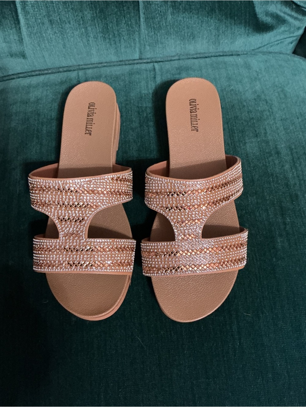 Olivia Miller Blush Rose Gold Rhinestone Double-Band Slide Sandals